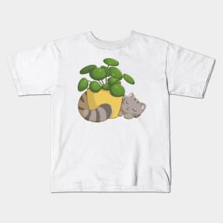 Cat With Pilea Plant Kids T-Shirt